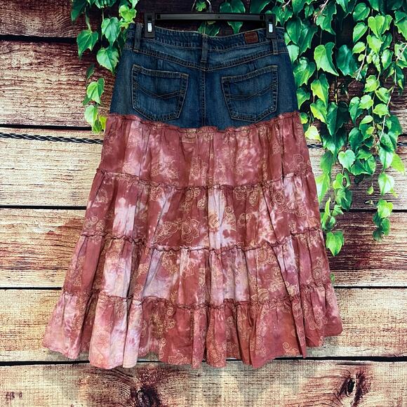 Jalate Denim Tiered Midi Skirt Size 6 Mixed Media Jean Ruffle Boho Zodiac Henna - Picture 3 of 5